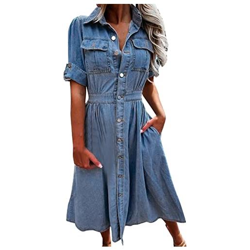 TDEOK abito in jeans sciancrato, da donna, lungo, in jeans, da donna, estivo, lunghezza al ginocchio, con tasche, linea a, elegante, per il tempo libero, con maniche a 1/2, blu, s