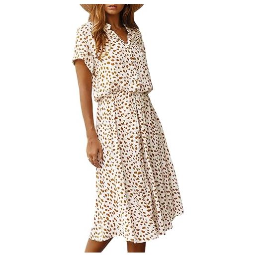 ZICUE donne abito chemisier boho a campana a maniche corte con volant pois e vita alta. Abito midi estivo bianco l