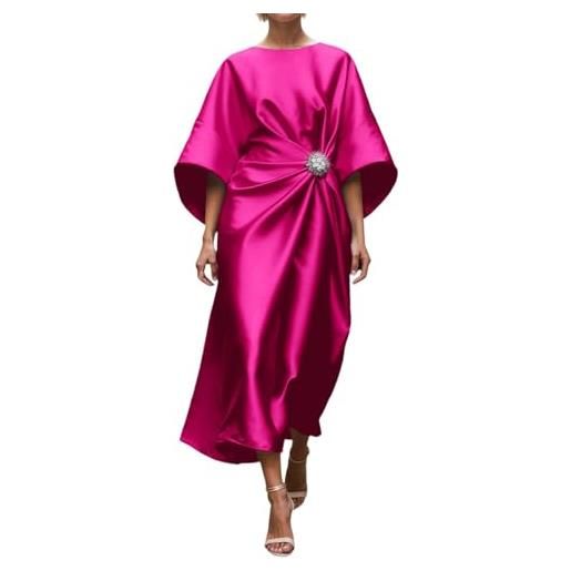Dasongff - abito da donna, lungo, in raso, con maniche a tre quarti, scollato, tinta unita, elegante, abito maxi, con spalline a spaghetto, scollato, per balli, matrimoni, cocktail, feste, rosa 2