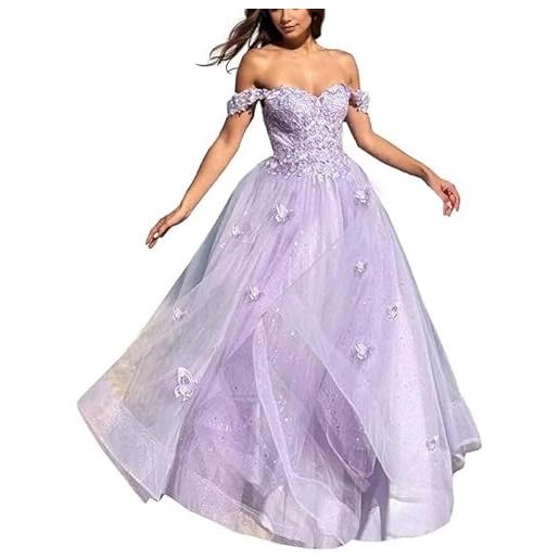 Generic tulle prom dresses 3d butterfly laces appliques ball gown sparkly dolce una linea principessa abiti da sera formale, lavanda, 5xl plus