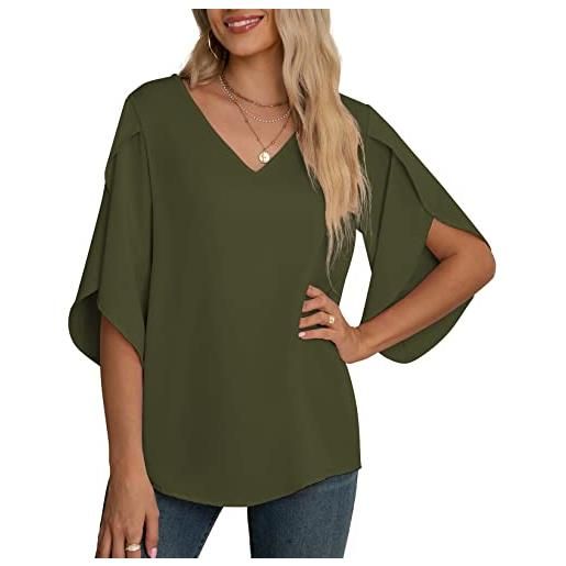 Yommay camicetta da donna in chiffon, elegante, casual, allentata, a 3/4, con maniche a spacco e scollo a v, estiva
