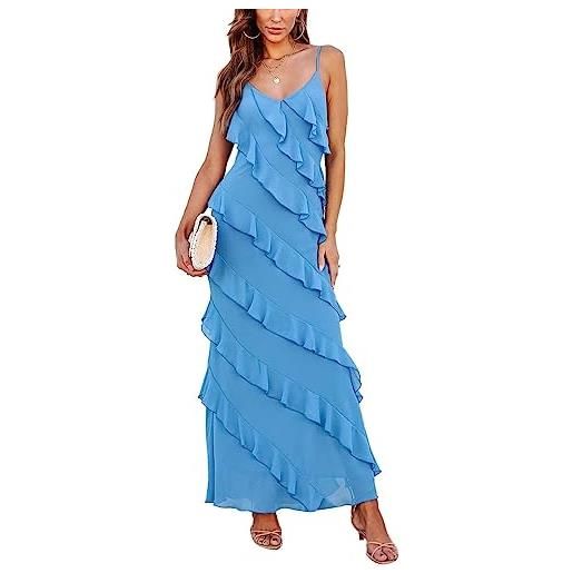 Rocky Green abito lungo aderente aderente con spalline a strati con volant da donna slim fit con volant a strati senza maniche senza schienale, blu, l