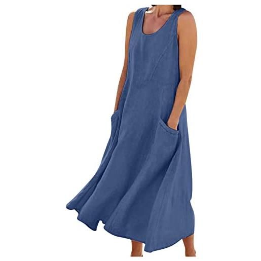 WOXIHUAN abito lungo da donna in cotone e lino, tinta unita, per il tempo libero, senza maniche, con tasche, abito estivo casual lungo abito vestitino da spiaggia vestito donna elegante curvy (marina, 3xl)