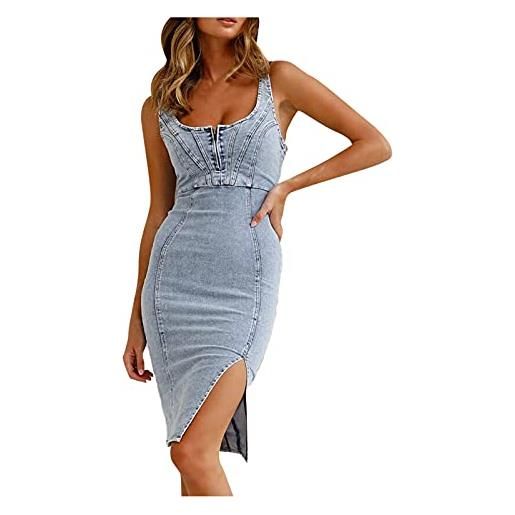 SDGR abito in denim da donna sexy con spacco senza maniche estivo con collo a u denim midi abito a spalla regolabile casual elegante abito per sera festa abbigliamento da club, a blu. , m