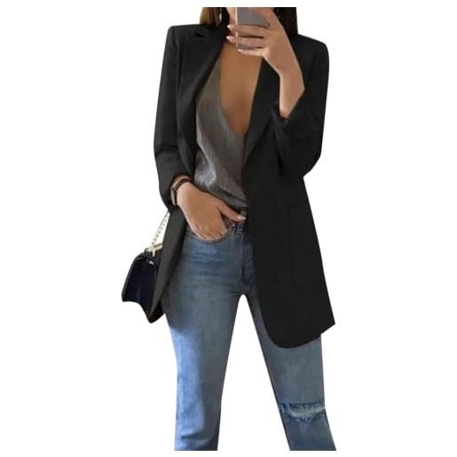 YMING donna blazer lungo donna giacca da abito da lavoro con risvolto aperto sul fronte a maniche lunghe nero s