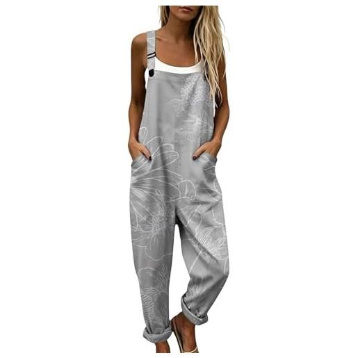 Generico salopette donna estiva lunga in lino boho chic elegante tuta intera curvy con stampa jumpsuit pantaloni gamba larga senza maniche moda baggy cotone taglie forti mare vacanza comoda