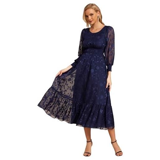 Ever-Pretty abito da cerimonia eleganti jacquard chiffon abito da sera midi vestito a maniche lunghe vita elastica blu navy 56