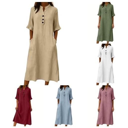 Lggwunsi vestito estivo donna elegante, vestiti estivi donna lino abiti casual eleganti vestito in cotone con bottoni manica larghe abito vacanza comodo taglie forti summer dress spiaggia, beige, xxl