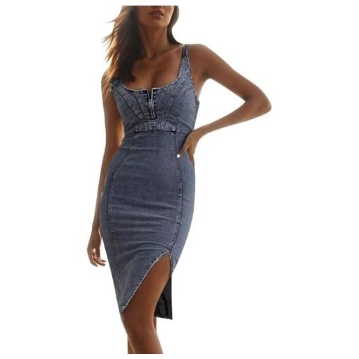 SDGR abito in denim da donna sexy con spacco senza maniche estivo collo a u denim midi abito a spalla regolabile casual elegante abito per sera festa abbigliamento da club, a blu scuro. , s