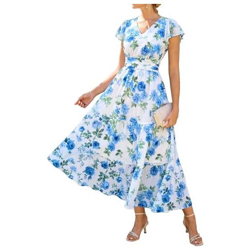 GRACE KARIN donna manica increspata scollo a v abito midi linea a fiore abito estivo con tasche, fiori bianchi-blu, m