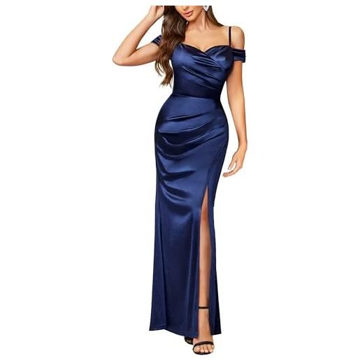 MIUSOL abito da donna elegante, con spalle scoperte, in raso, per matrimoni, cocktail, cerimonie, cerimonie, blu navy, m