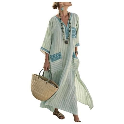 Generico abito lungo estivo donna lino elegante vestito boho chic vintage cerimonia maxi vestiti cotone e lino comoda scollo a v prendisole mare spiaggia vacanza traspirante abbigliamento con taschen (a15, s)