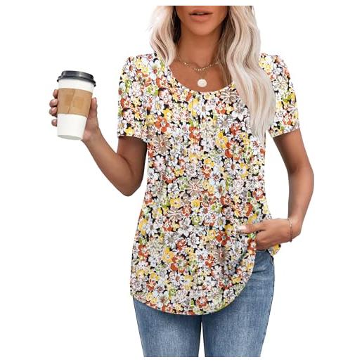 MOLERANI t-shirt da donna top a maniche corte t-shirt morbida con scollo rotondo top estivi casual e allentati fiori arancio e gialli l
