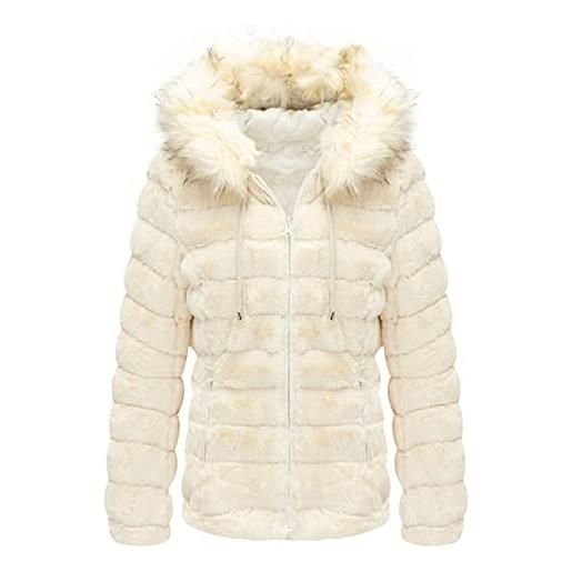 Giolshon giubbotto donna reversibile in eco pile, piumino corto invernale con cappuccio e collo in pelliccia 19225 bianco xxl