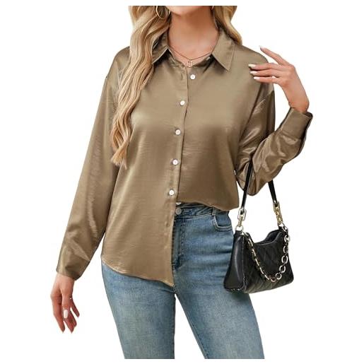 Stamain camicia elegante blusa donna button down di raso bottoni camicetta maniche lunghe con scollo a v top aderente in tinta unita