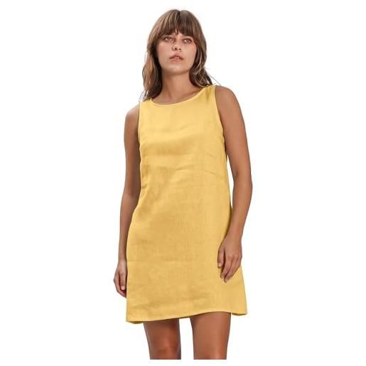 Amazhiyu abito in lino da donna, casual, estivo, in puro lino, senza maniche, girocollo, con tasche, s-xl, giallo, l