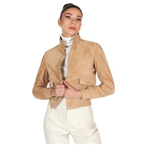 D'Arienzo bomber in pelle scamosciata colore beige donna giubbotto con tasconi vera pelle faty