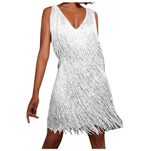 Generisch abito con frange, ocra, da discoteca anni '70, bianco, xxl