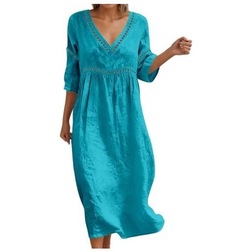 Generico abito donna estivo, abito estivo donna in lino - veste midi con scollo a v e maniche a 3/4, dettaglio in pizzo traforato sulle maniche, vestibilità a palloncino morbida e traspirante, cielo blu 3xl