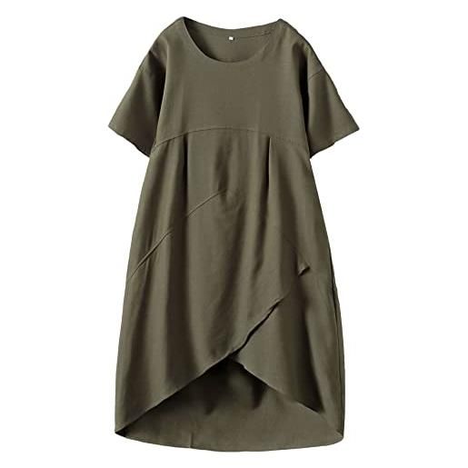 FTCayanz abito estivo da donna, stile boho, da spiaggia, elegante, in lino, per il tempo libero, con tasche, verde militare, l