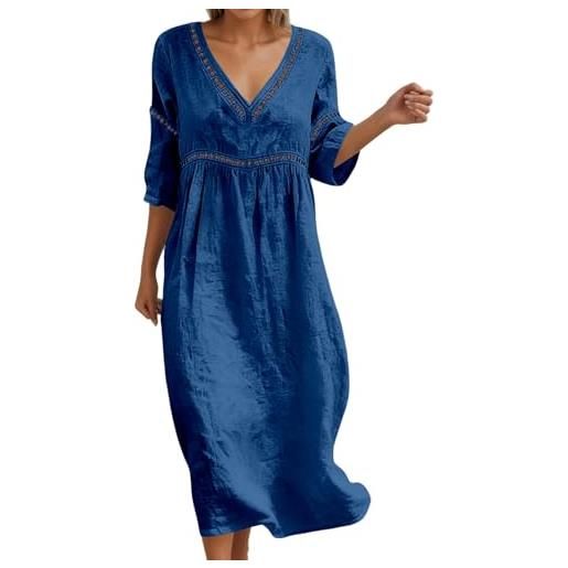 Lggwunsi vestito donna estivo casual, vestiti estivi donna lino abito estivo a maniche a 3/4 boho chic scollo a v abiti vacanza comodo taglie forti vestito lungo in cotone largo vestiti, blu scuro, 3xl