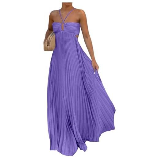 TOFOTL abito casual donna primaverile con spalline sottili spalle scoperte schiena scoperta plissettato vestito da cerimonia abiti eleganti maxi senza maniche estivo lungo viola m