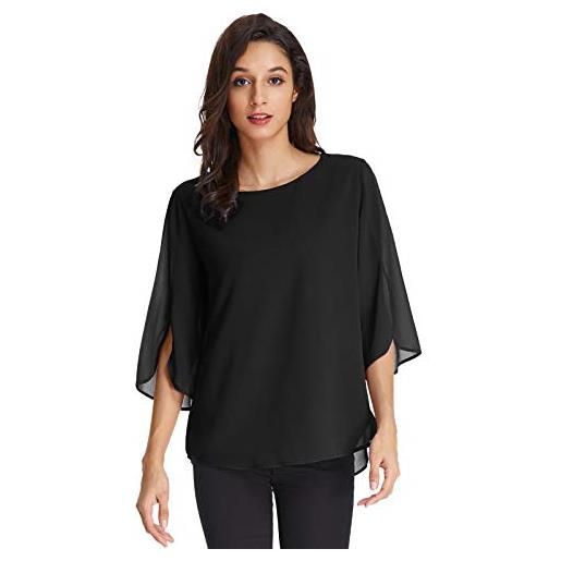 GRACE KARIN magliette camicia chiffon girocollo camicie sciolto blusa eleganti camicetta manica 3/4 donna nero l claf15-3