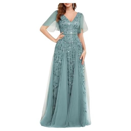 Ever-Pretty vestiti da cerimonia linea ad a scollo a v per cerimonia sera damigella lungo con paillettes donna blu polveroso 48