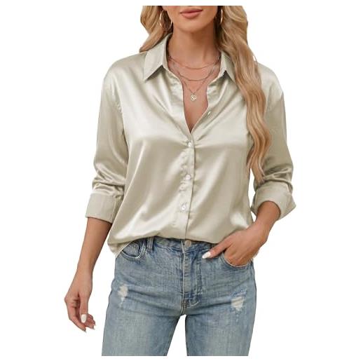 Stamain camicia elegante blusa donna button down di raso bottoni camicetta maniche lunghe con scollo a v top aderente in tinta unita