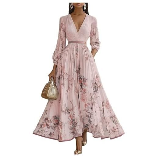 Generico vestito donna manica lunga - vestiti donna primavera stampati scollo a v, vestiti lungo elegante raffinato - dresses for women vintage adatto per la primavera rosa m
