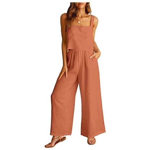 TIMIFIS set di 2 pezzi da donna, abiti estivi in lino, top crop tank con pantaloni a gamba larga, completi eleganti per le vacanze con tasche, x-large