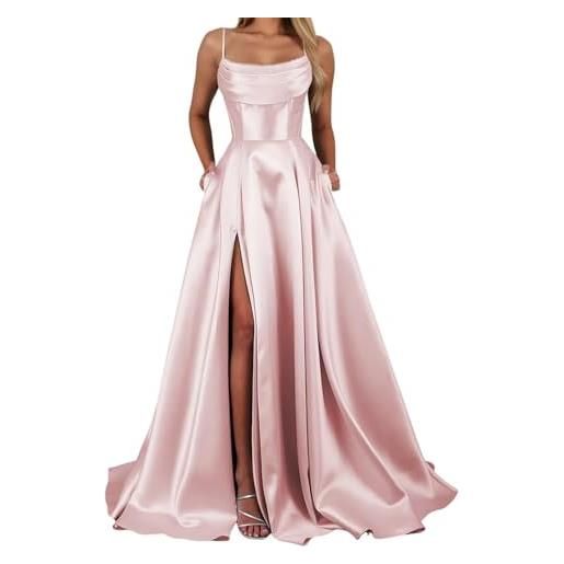YIANN vestiti da ballo da donna con spalline sottili in raso con spacco e corsetto lunghi abiti da sera formali, rosa cipria, 50