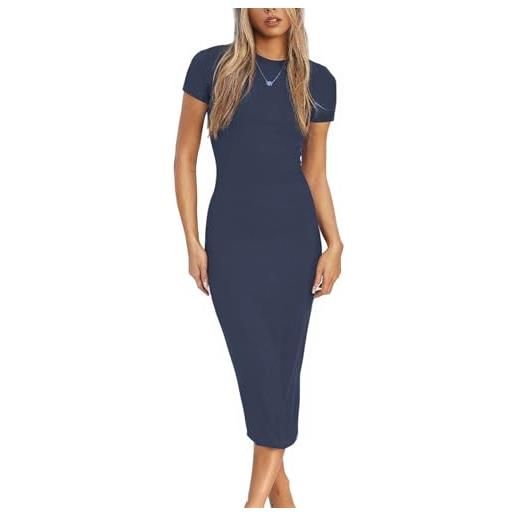 LACOZY vestito da donna estivo a maniche corte midi sexy aderente a matita abiti formali da cocktail vestito lungo, blu navy, xs