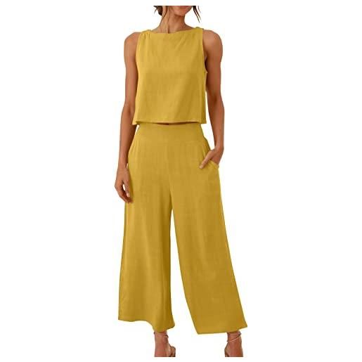 TIMIFIS 2 pezzi abiti da donna estate in lino canotta crop top pantaloni a gamba larga set abiti da vacanza eleganti con tasche, a-giallo, x-large