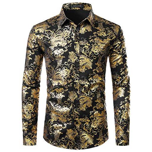 PARKLEES camicia da uomo di lusso con stampa elegante, taglio aderente, abbottonato, motivo cachemire dorato lucido, nero/dorato, m