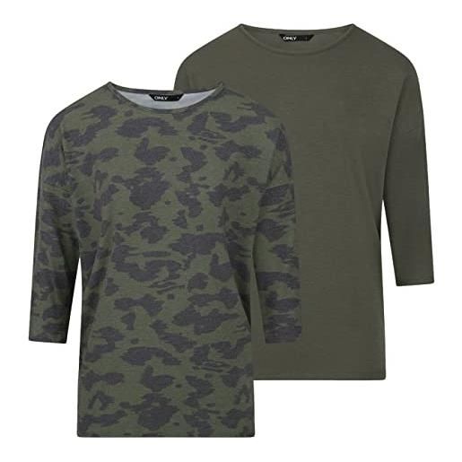 ONLY onlglamour - top da donna, confezione da 2 pezzi, maniche a 3/4, scollo rotondo, vestibilità larga, a maniche lunghe, nero, verde, grigio, grape leaf (15289509), xl