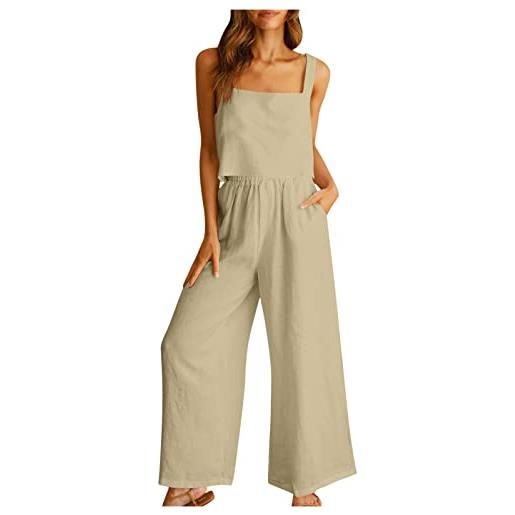 TIMIFIS 2 pezzi abiti da donna estate in lino canotta crop top pantaloni a gamba larga set abiti da vacanza eleganti con tasche, d-kaki, x-large