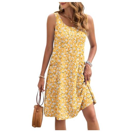 AUSELILY abito estivo da donna senza maniche lunghezza al ginocchio | abito da spiaggia casual linea ad a con tasche abito leggero senza maniche con scollo rotondo estate vacanza