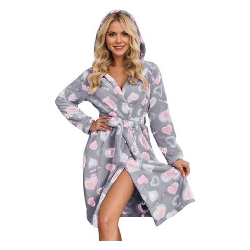 Generico accappatoio vestito da donna in pile con motivo a cuori morbido vestaglia con cappuccio e cintura morbido accappatoio lungo pigiama caldo abbigliamento da casa vestito da notte