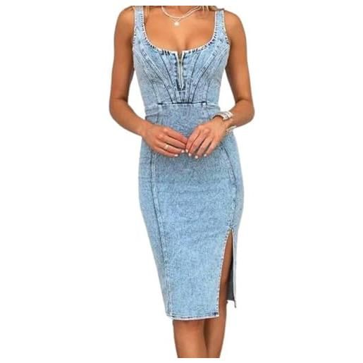TKMUNY abito midi in denim da donna, senza maniche, con spacco laterale, bodycon, con scollo a scolletto, blu, l