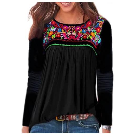 Melliflo camicetta messicana a maniche lunghe da donna con ricamo floreale, camicetta in stile da contadina, etnica, boho