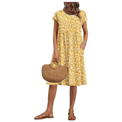 AUSELILY vestito estivo donna maniche corte abito al ginocchio con tasche | scollo a girocollo, abiti casual larghi, vestito ampio a trapezio