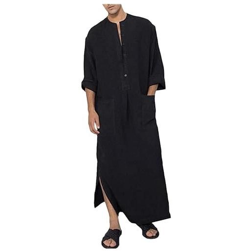 YAOHUOLE uomini cotone lino caftano abiti musulmani uomo uomo casual kaftan thobe, nero , xxxl