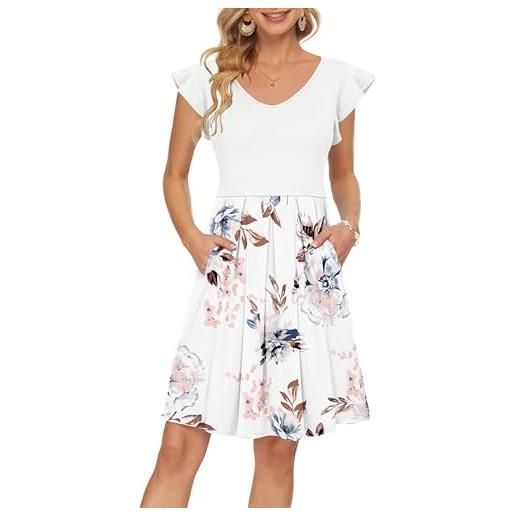 PLOKNRD donna abito estivo scollo a v abito a maniche corte a petalo e tasche gonna da spiaggia casual al ginocchio fiori bianchi xxl