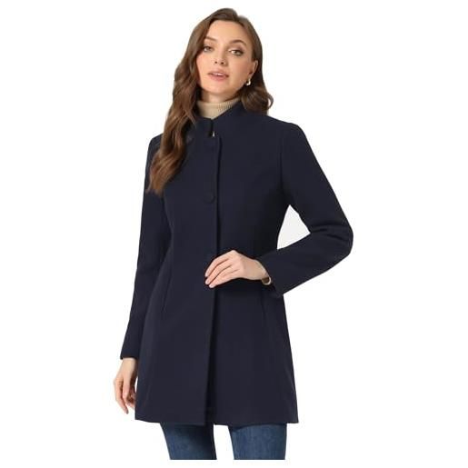 Allegra K, cappotto invernale da donna, con collo alto, a manica lunga, con chiusura singola, in blu navy, taglia m