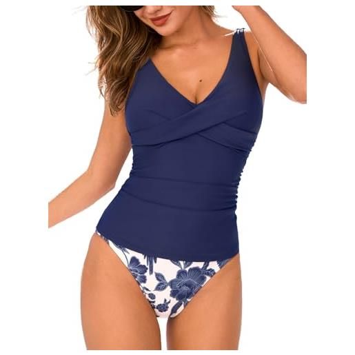 CUPSHE - tankini da donna, set costume da bagno a due pezzi, slip a vita media e arricciatura frontale