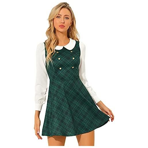 Allegra K abito da donna a quadri con colletto peter pan a contrasto con bottoni decorativi e svasati, verde, 48