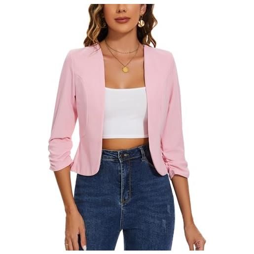 LADI TREND blazer corto da donna, senza colletto, giacche aperte sul davanti, maniche a 3/4, cardigan in mezzo lino