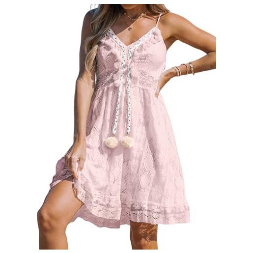 CUPSHE, maxi abito sottoveste estivo in pizzo, in stile bohémien, con scollo a v e lacci con nappine, svasato e con balze, adatto per la spiaggia, s
