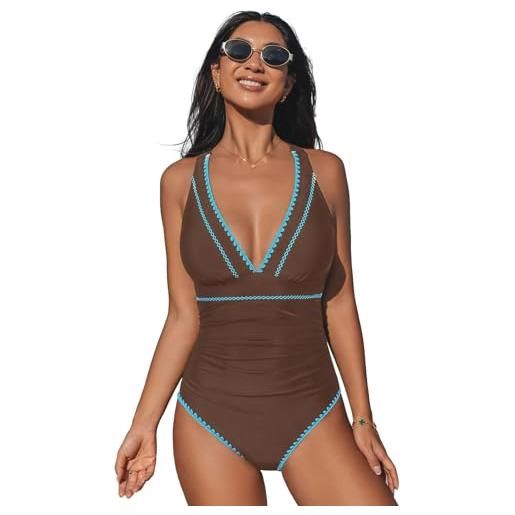 CUPSHE costume da bagno intero da donna con scollo a v e cuciture incrociate regolabili con spalline increspate, marrone/foglia di tè, l